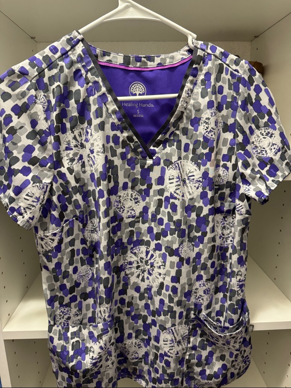 Healing Hands Purple, Gray & White Printed V-Neck Scrub Top with HH Scrubs Pants